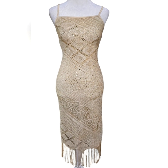 VINTAGE Cream/gold crochet knit bodycon dress with fringe bottom. Size XS/S - Picture 1 of 16